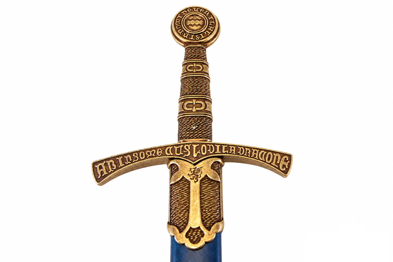 Denix 5201 replica sword ornate crossguard, grip, and blue scabbard detail