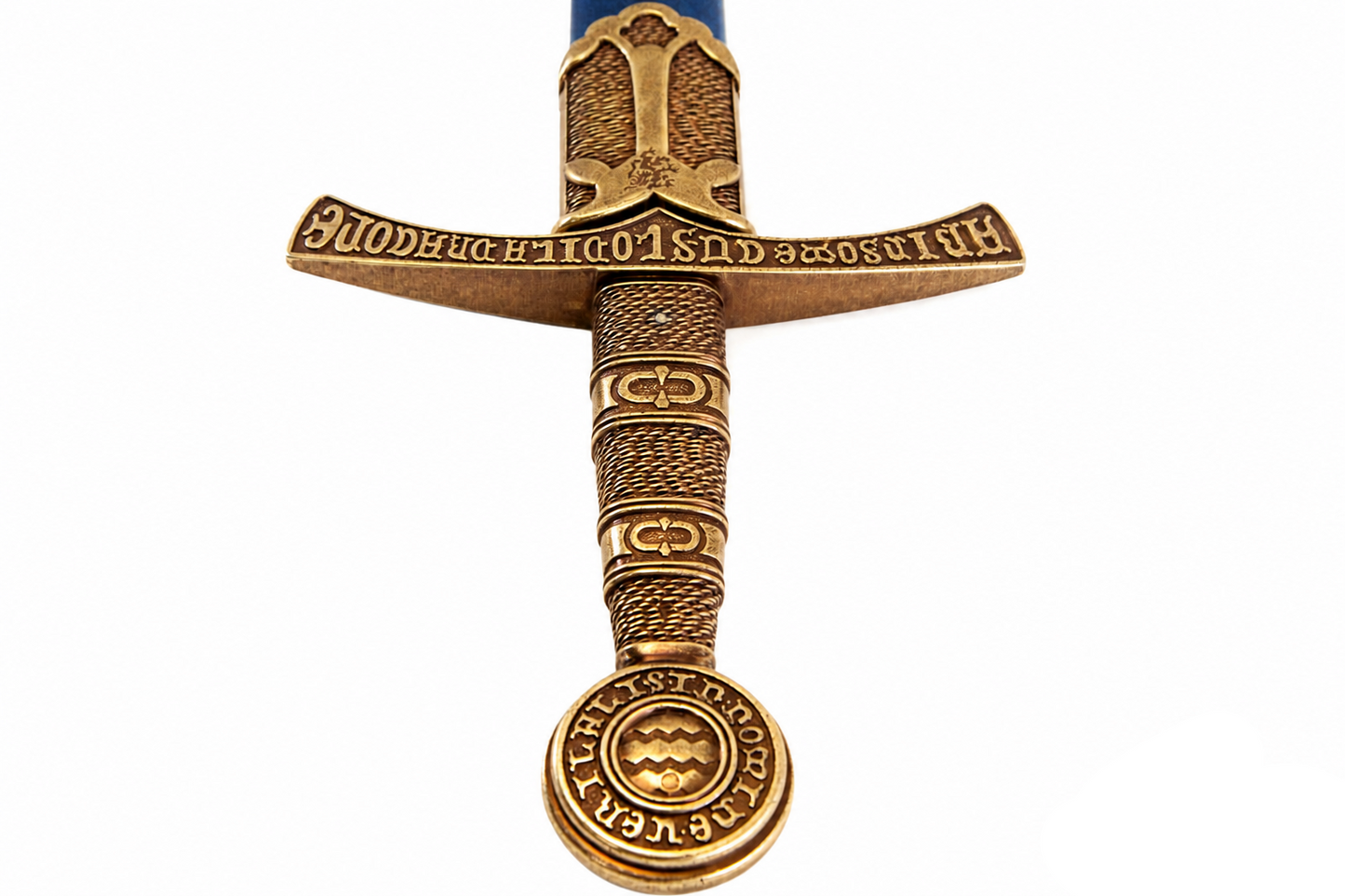 Denix 5201 replica sword pommel, wrapped-style grip, and inscribed crossguard detail