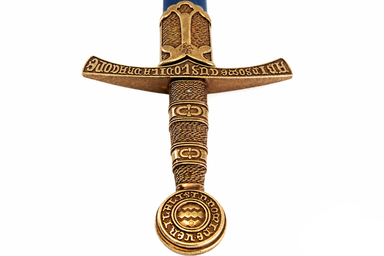 Denix 5201 replica sword pommel, wrapped-style grip, and inscribed crossguard detail