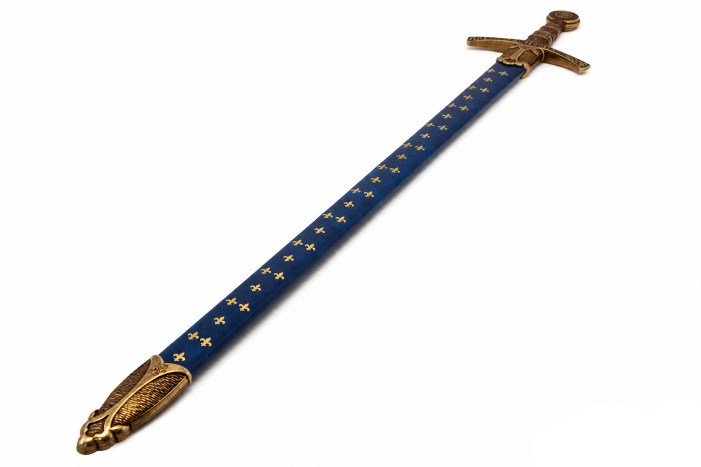 Denix 5201 blue fleur-de-lis scabbard with ornate metal tip, angled full view