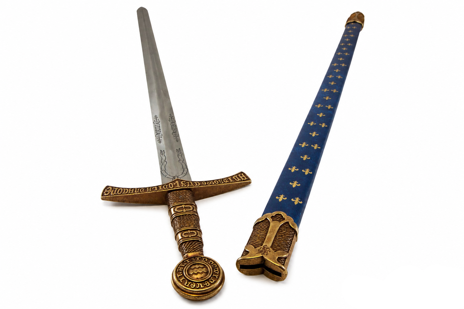Denix 5201 false-edged medieval replica sword displayed beside its blue fleur-de-lis scabbard