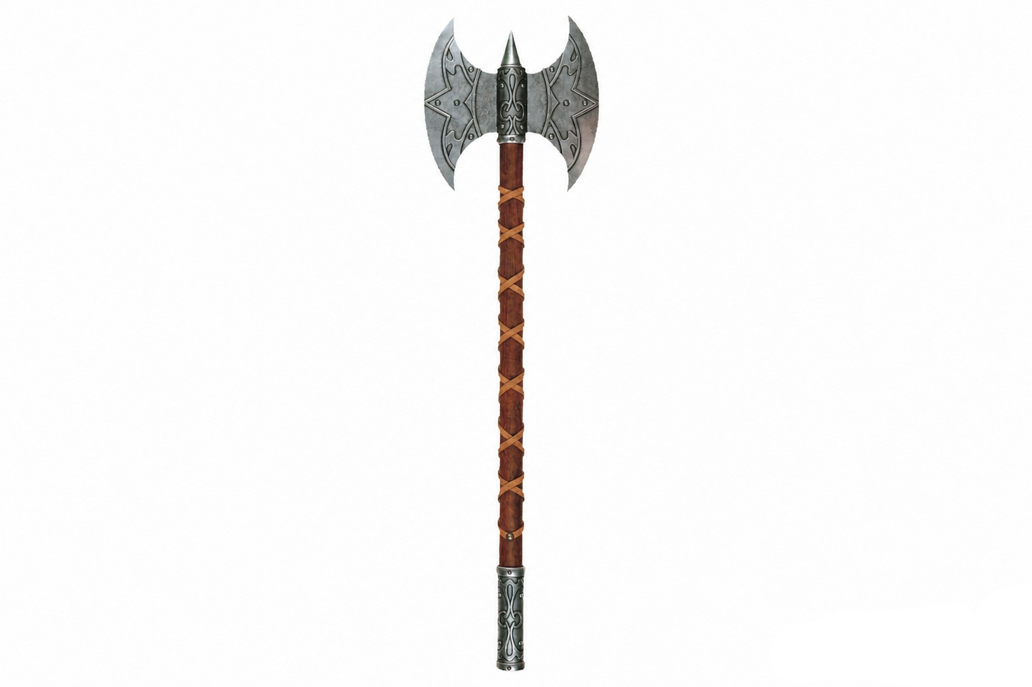 Denix 614 medieval Valkyrie battle axe replica with double gray blades and leather-wrapped wood handle