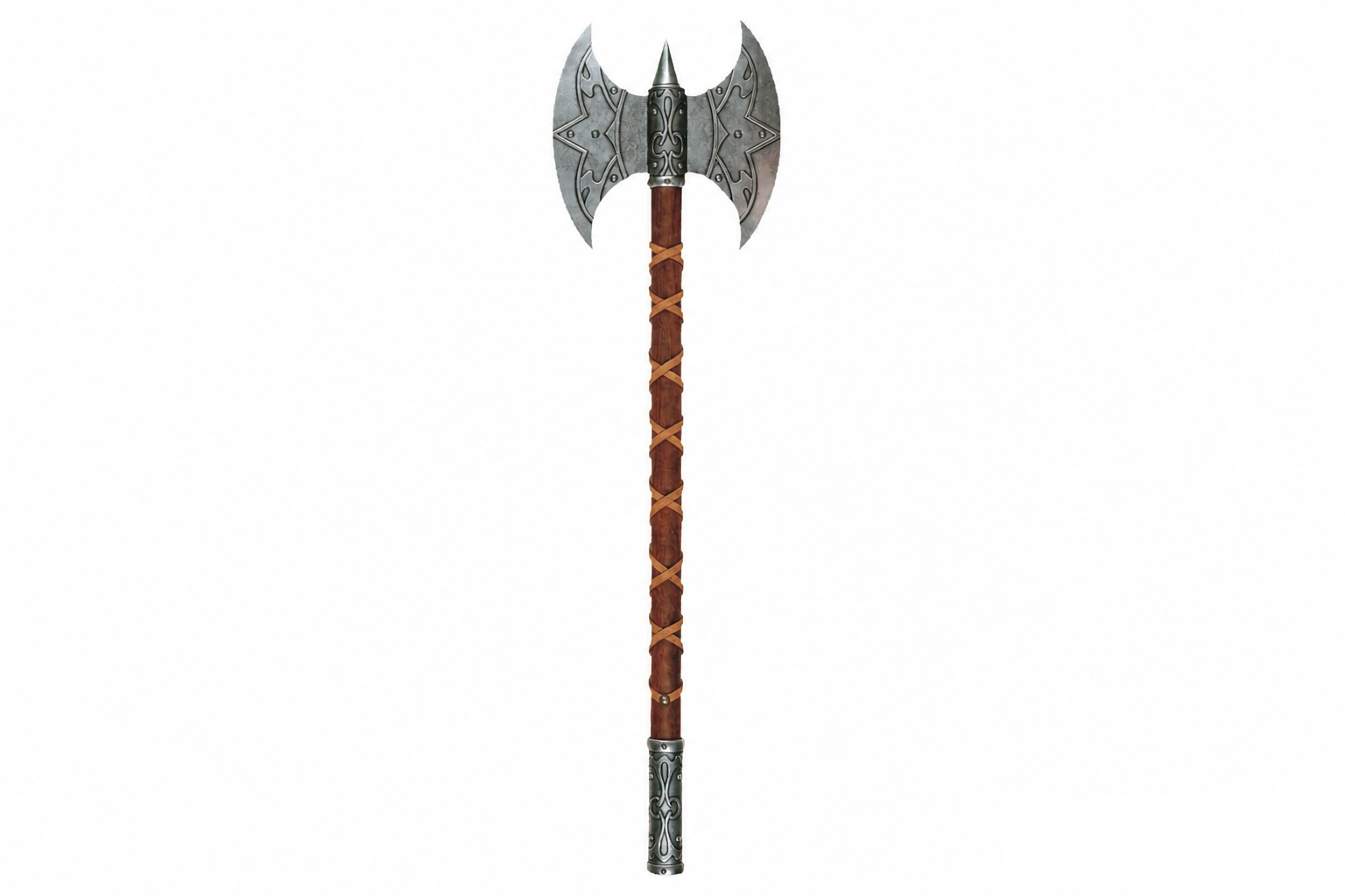 Denix 614 medieval Valkyrie battle axe replica with double gray blades and leather-wrapped wood handle