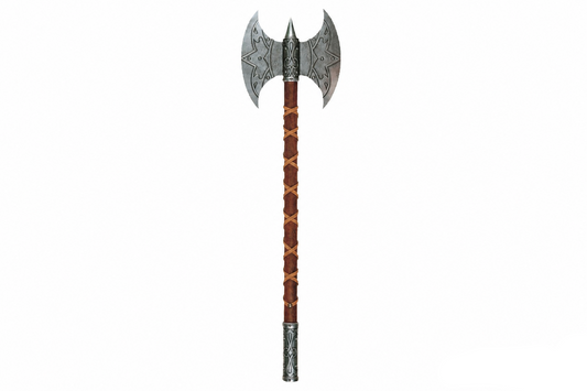 Denix 614 medieval Valkyrie battle axe replica with double gray blades and leather-wrapped wood handle