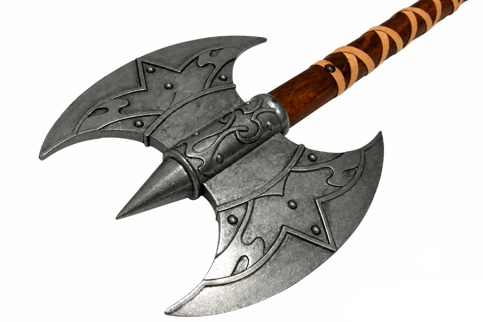 Denix 614 Valkyrie battle axe angled head detail with double gray blades and center spike