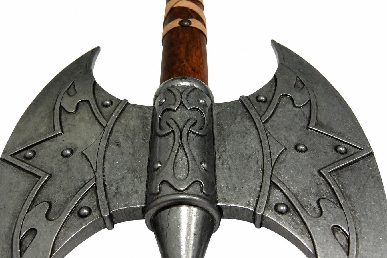 Denix 614 Valkyrie battle axe front head detail showing decorative double blades and rivets