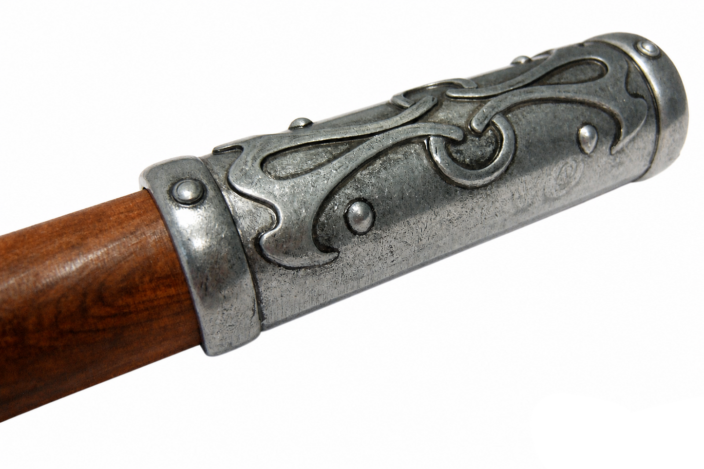 Denix 614 Valkyrie battle axe reverse handle end detail with raised metal scrollwork
