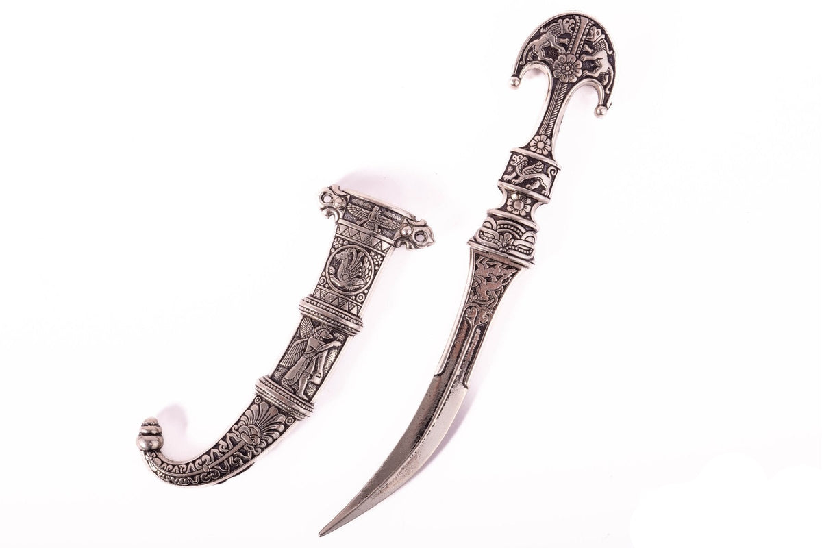 Denix 6142 Persian dagger and decorated scabbard in bright nickel, angled view