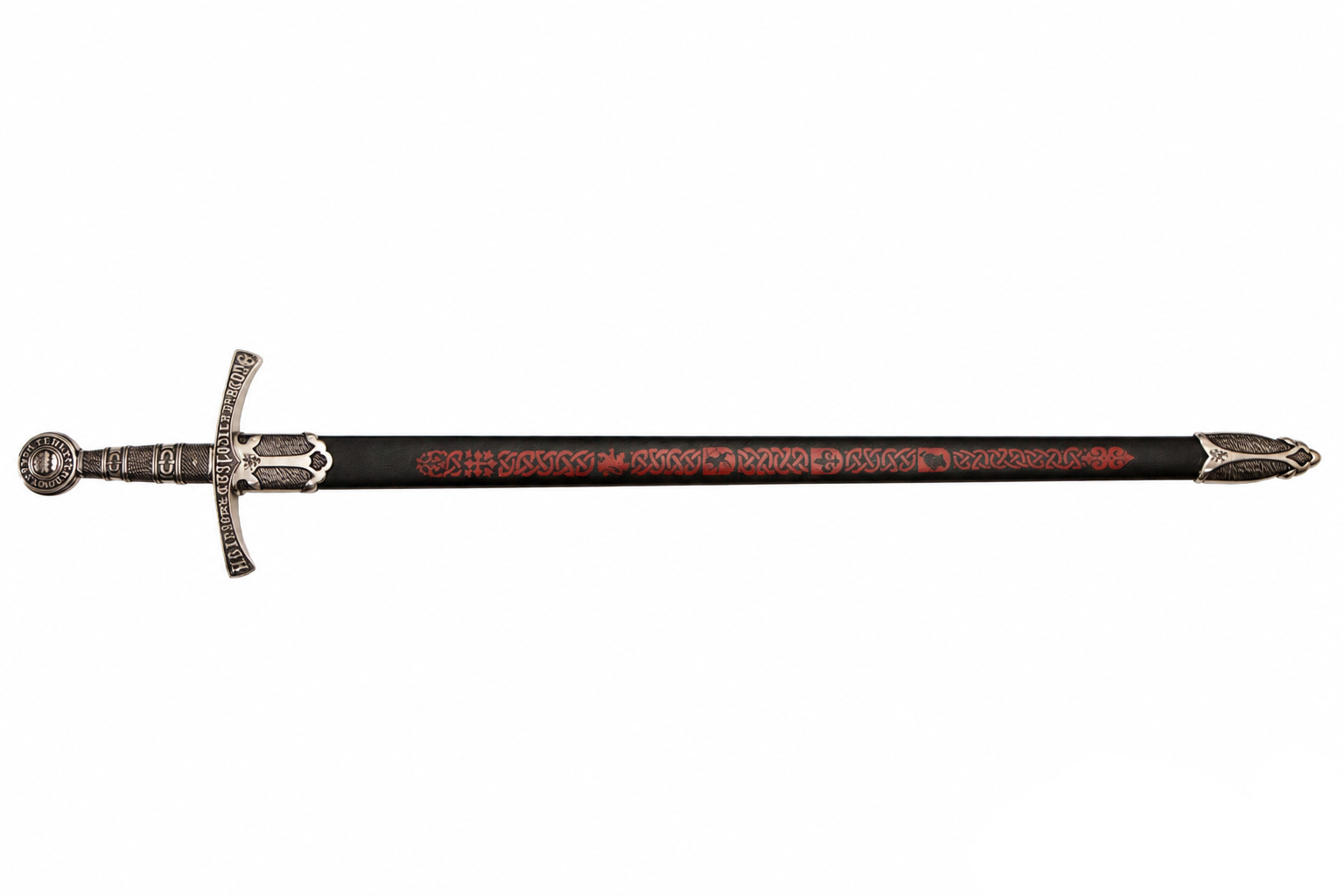 Denix 6201 medieval French replica sword in black knotwork scabbard, full left-side view