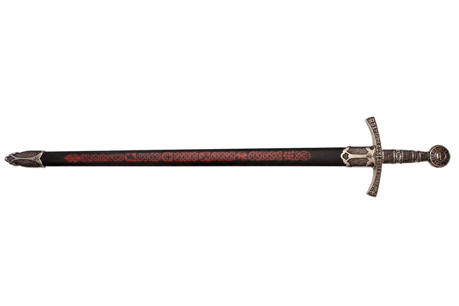 Denix 6201 medieval French replica sword in black knotwork scabbard, full right-side view