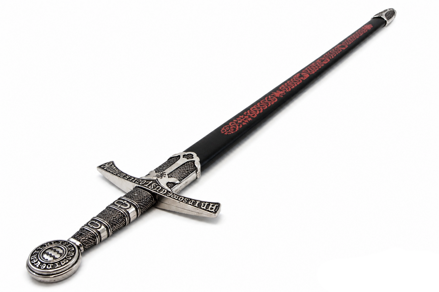 Denix 6201 replica sword and black knotwork scabbard, angled view from ornate hilt