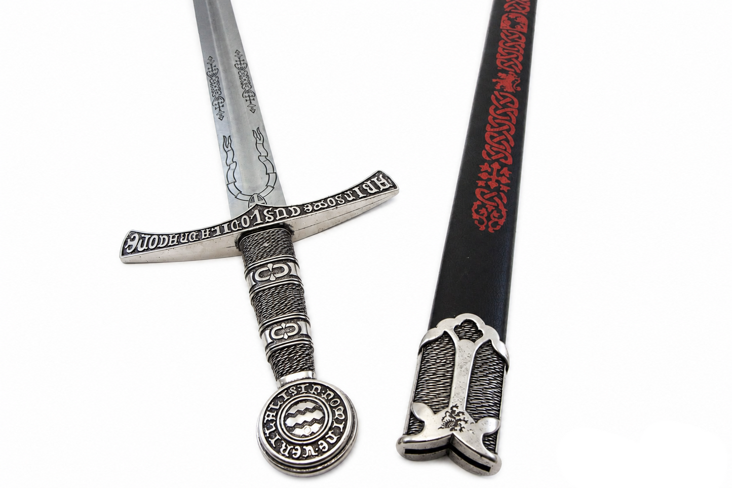 Denix 6201 replica sword hilt and black knotwork scabbard close-up
