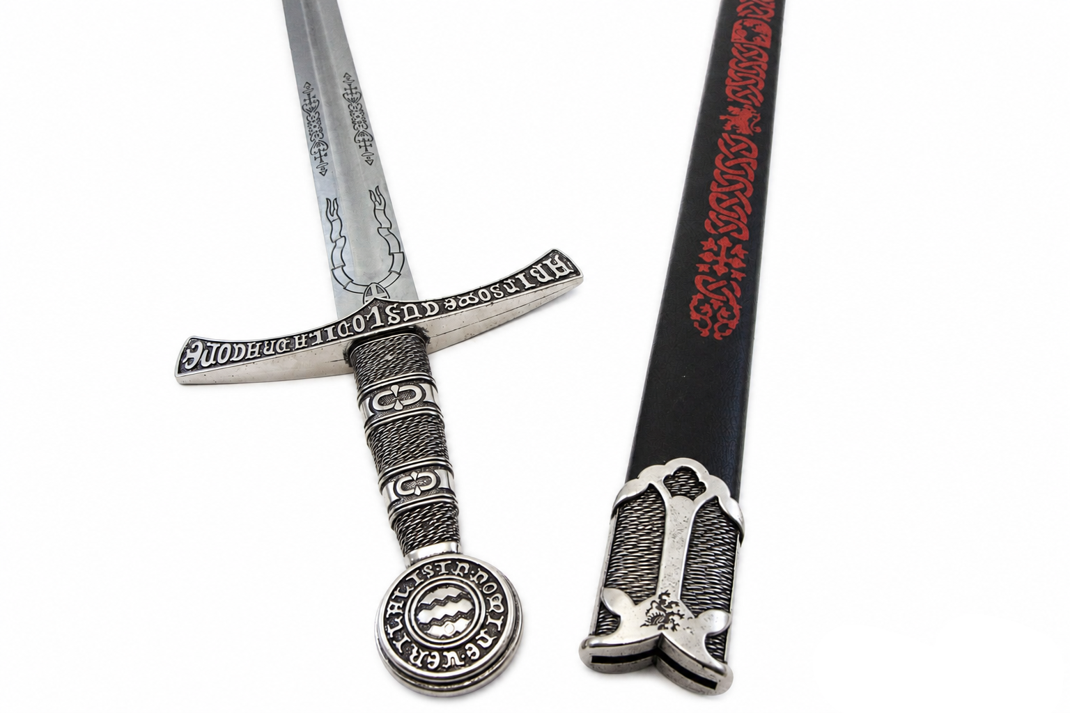 Denix 6201 replica sword hilt and black knotwork scabbard close-up