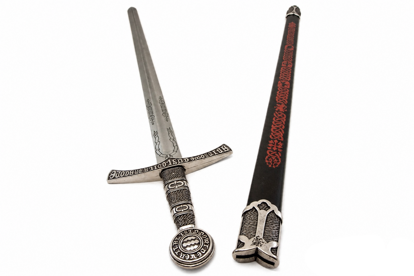 Denix 6201 medieval French replica sword unsheathed beside black knotwork scabbard