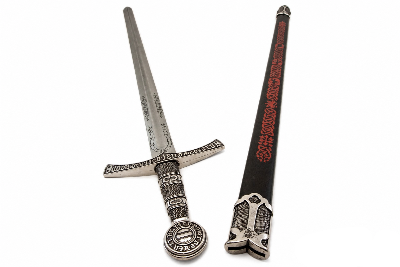 Denix 6201 medieval French replica sword unsheathed beside black knotwork scabbard