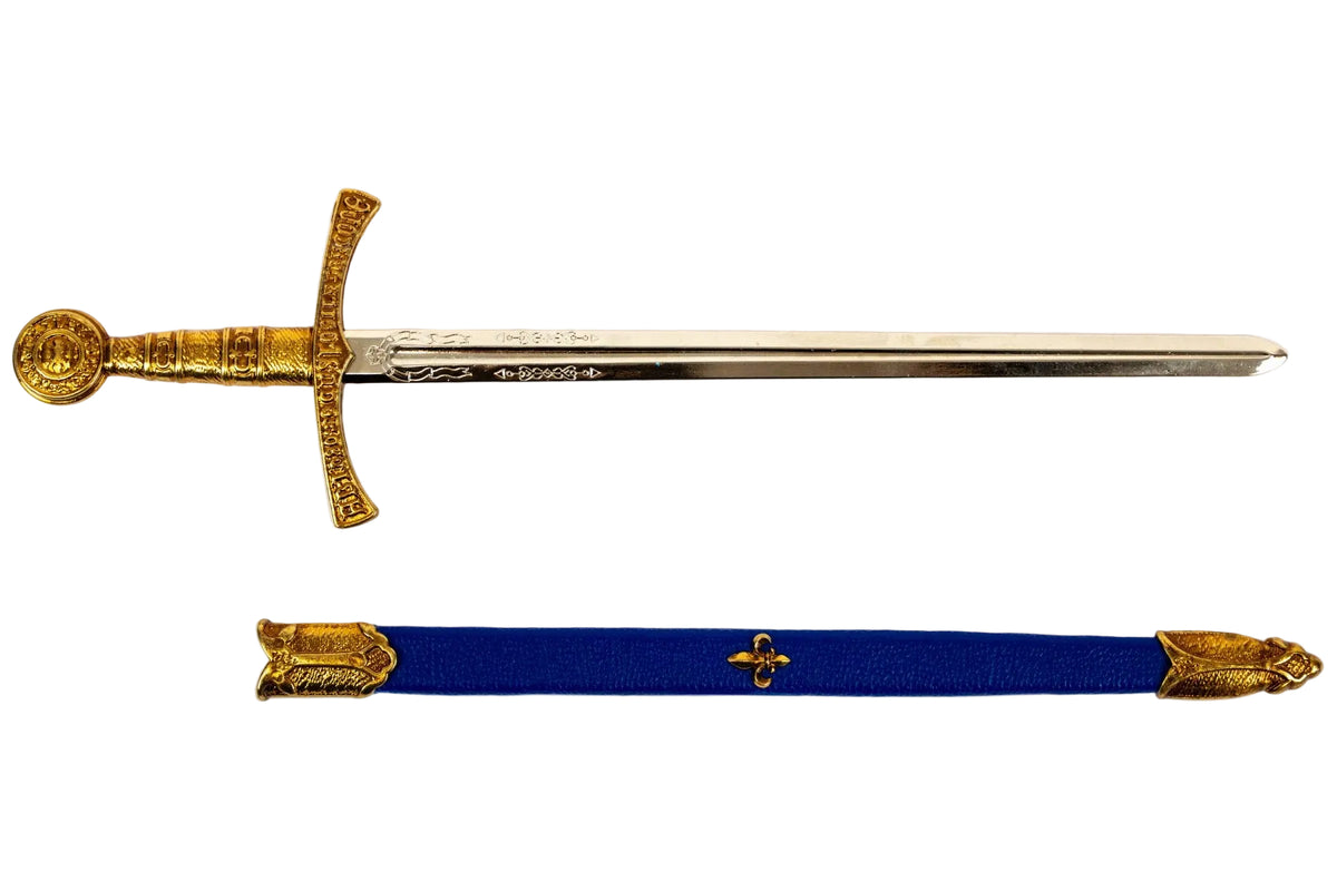Denix 7081 medieval French sword letter opener, blade and blue scabbard side by side