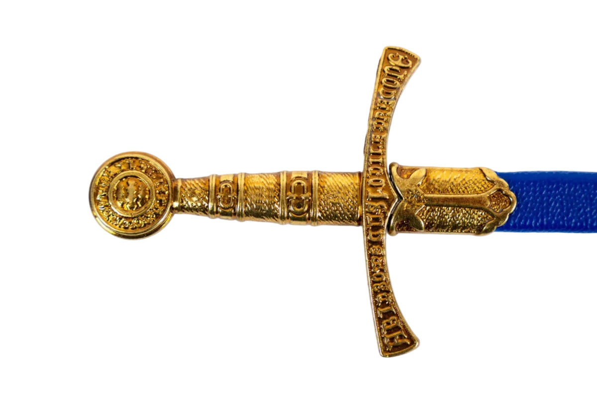 Denix 7081 medieval French sword letter opener, gold-tone hilt and blue scabbard detail
