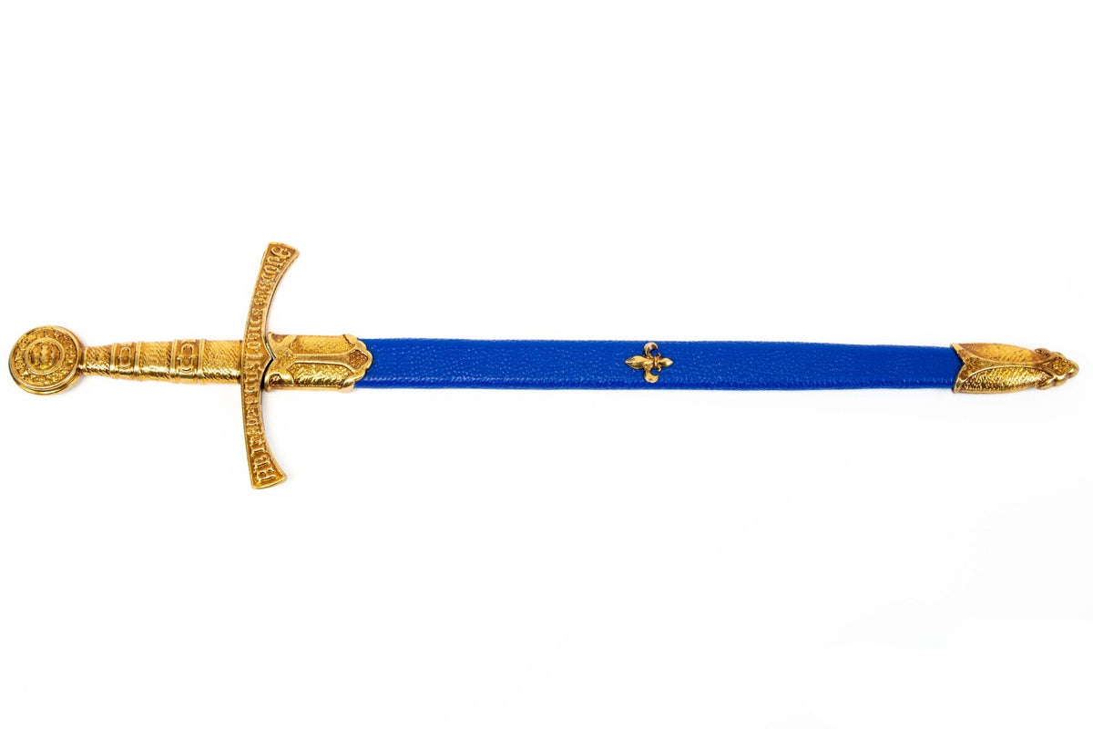 Denix 7081 medieval French sword letter opener with blue scabbard, full sheathed profile