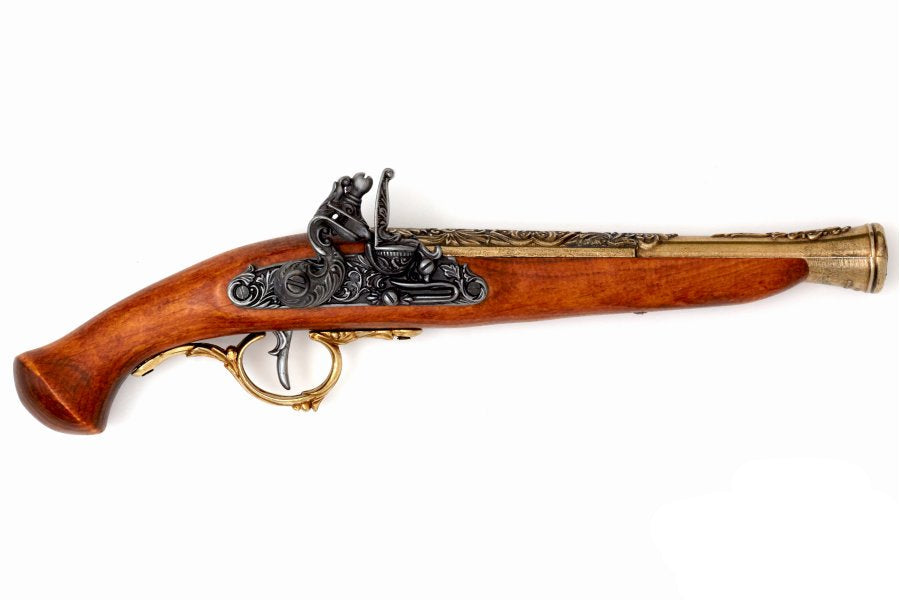 Left side view of brass trimmed German flintlock non firing replica pistol