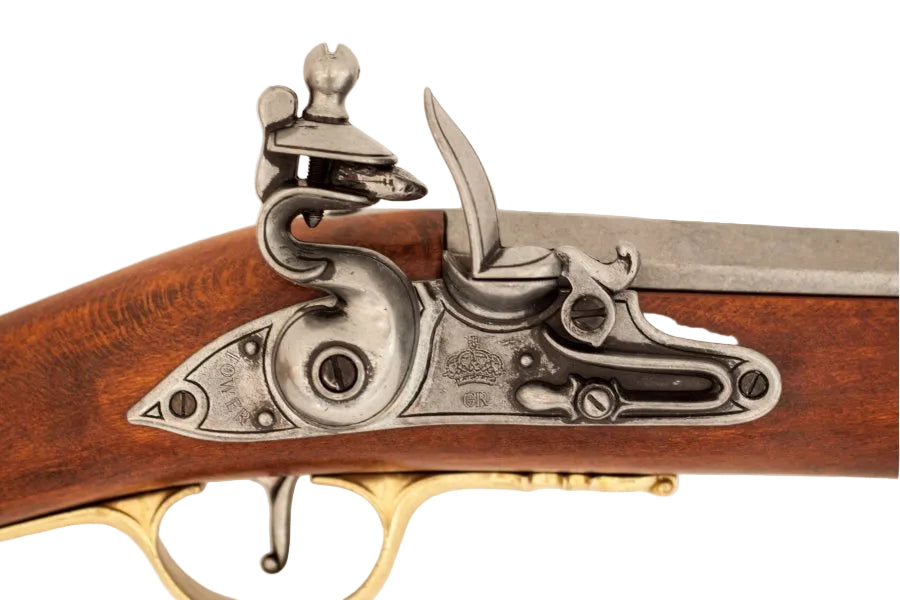 Detailed view of Denix Brown Bess musket non-firing replica lock mechanism with period correct styling