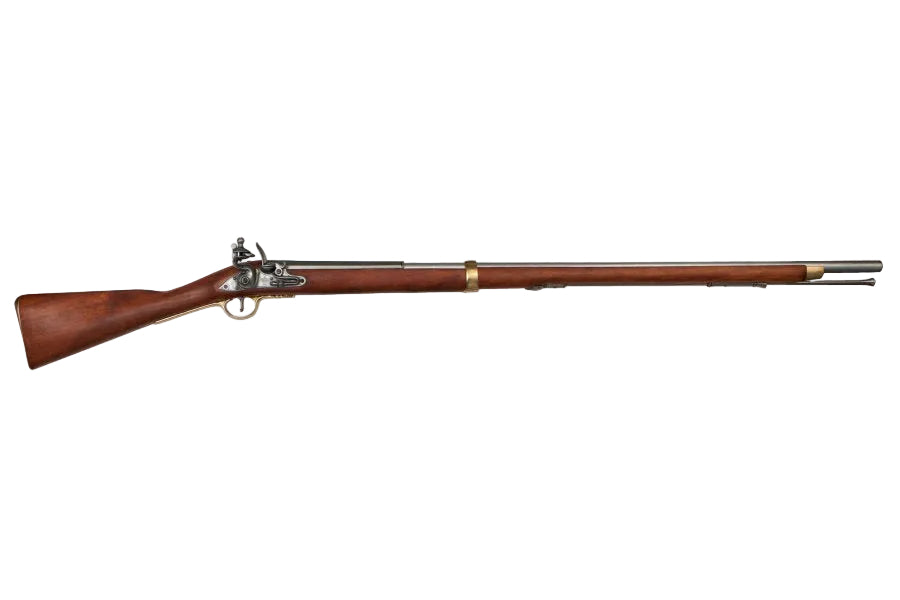 Right side view of Denix Brown Bess musket with bayonet non-firing replica and realistic historical details