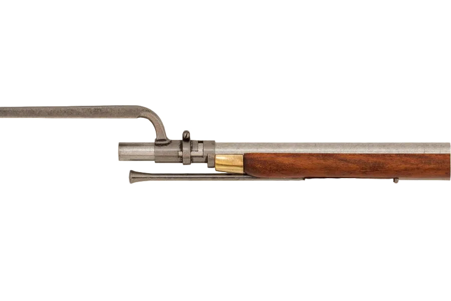 Close up of Denix Brown Bess rifle with bayonet non-firing replica showcasing craftsmanship and historical accuracy