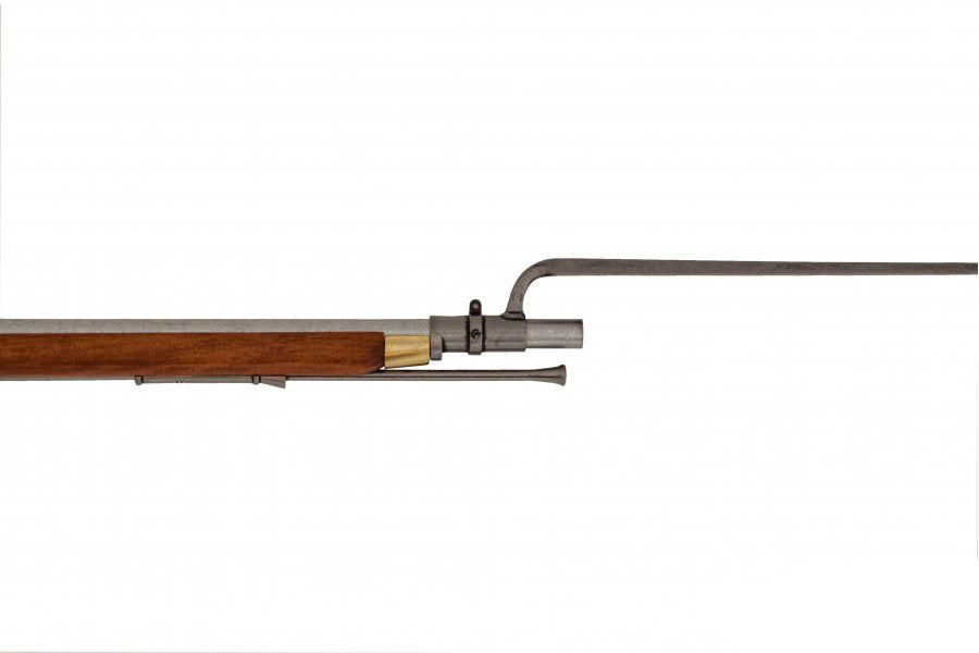 Front muzzle and bayonet view of Denix Brown Bess rifle non-firing replica for collectors and reenactors