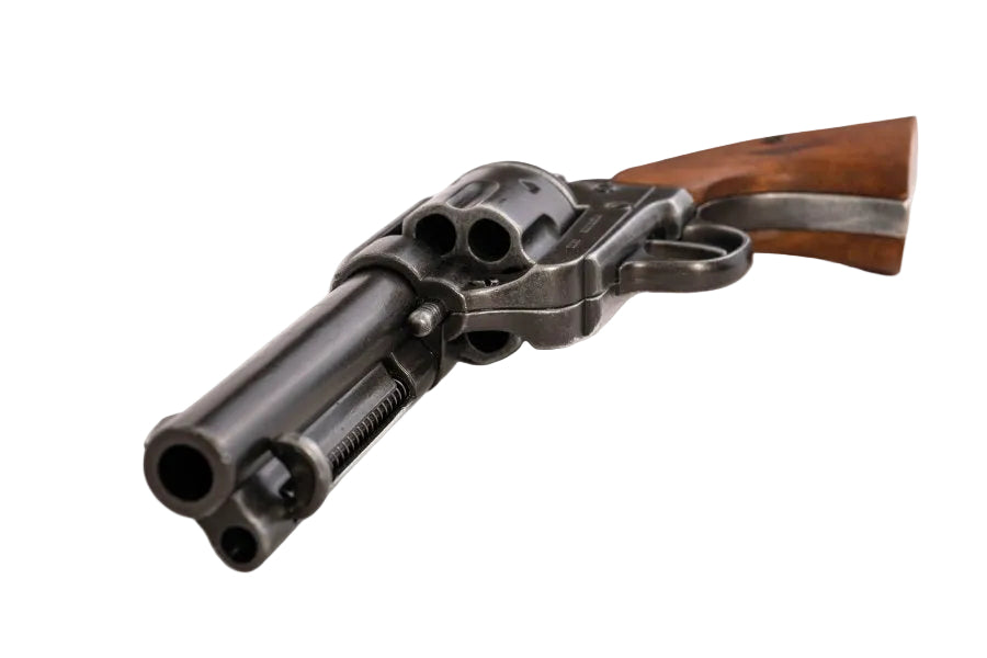 Barrel and front sight detail of Denix Cal 45 Peacemaker revolver replica for collectors and reenactors