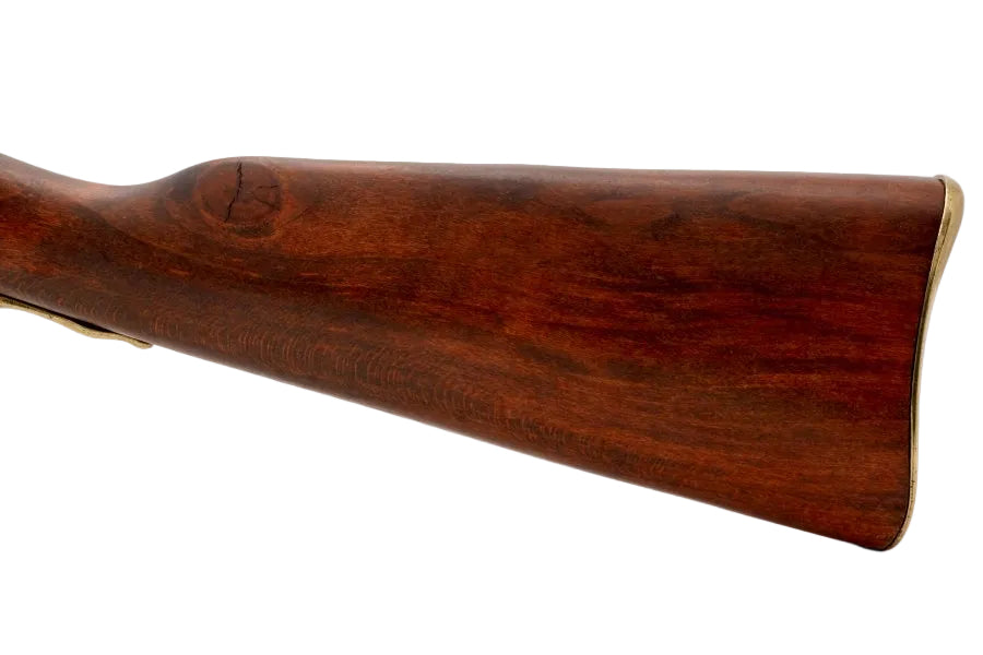 Denix Charleville carbine replica close up of wood stock and antique metal barrel