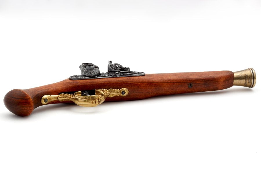 Wood stock and brass furniture on early German flintlock replica pistol