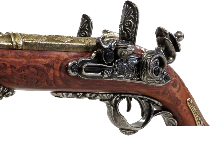Denix double barrel flintlock pistol replica shown in side profile