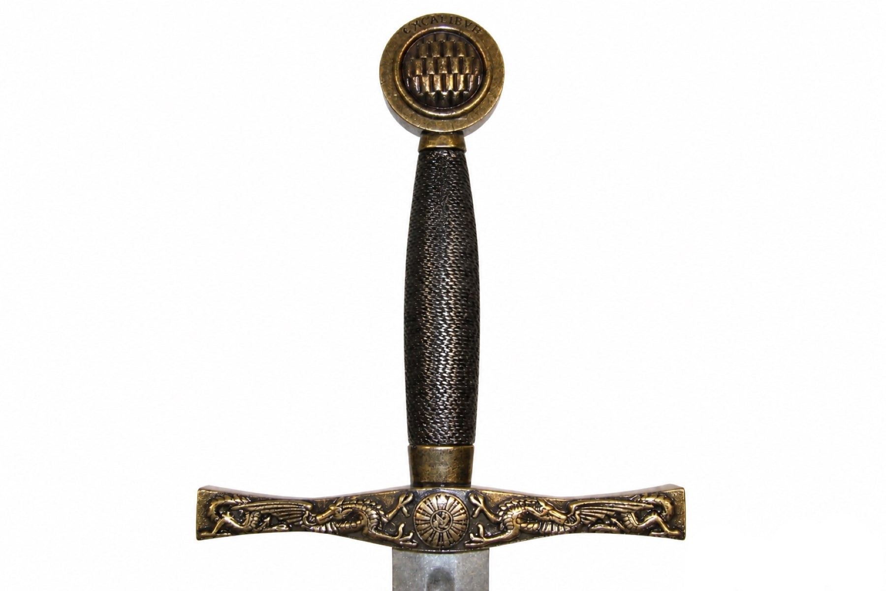 Denix Excalibur sword dragon crossguard, black grip, and pommel on white