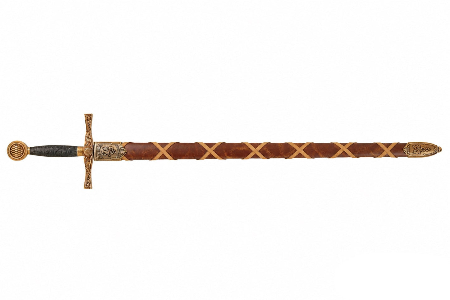 Denix Excalibur sword replica fully sheathed on a white background