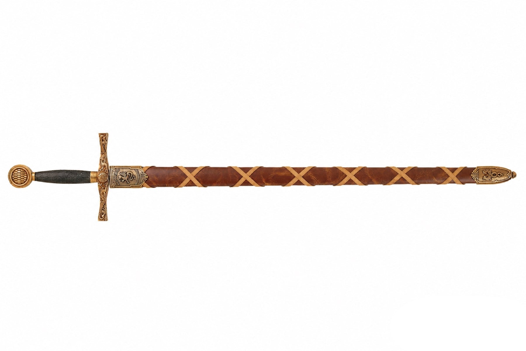 Denix Excalibur sword replica fully sheathed on a white background