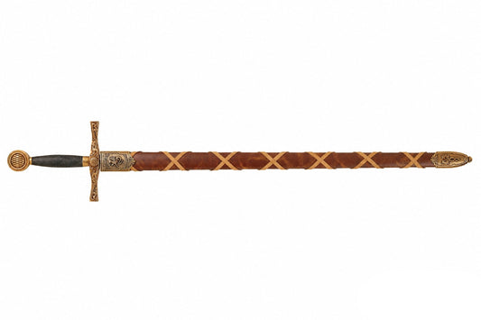 Denix Excalibur sword replica fully sheathed on a white background