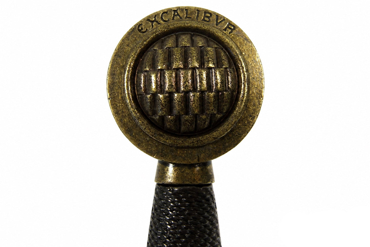 Excalibur sword round inscribed pommel and black grip detail on white