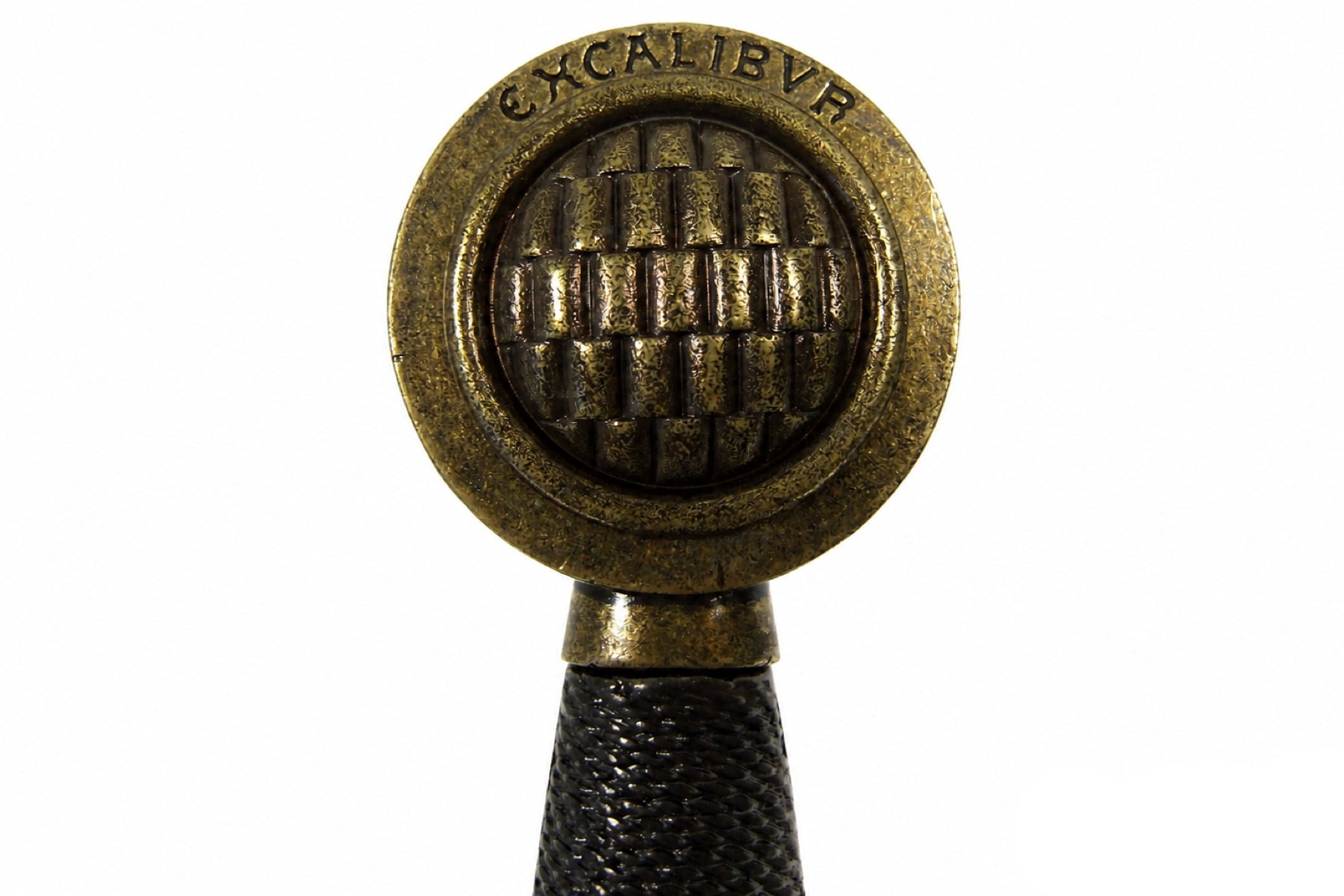 Excalibur sword round inscribed pommel and black grip detail on white