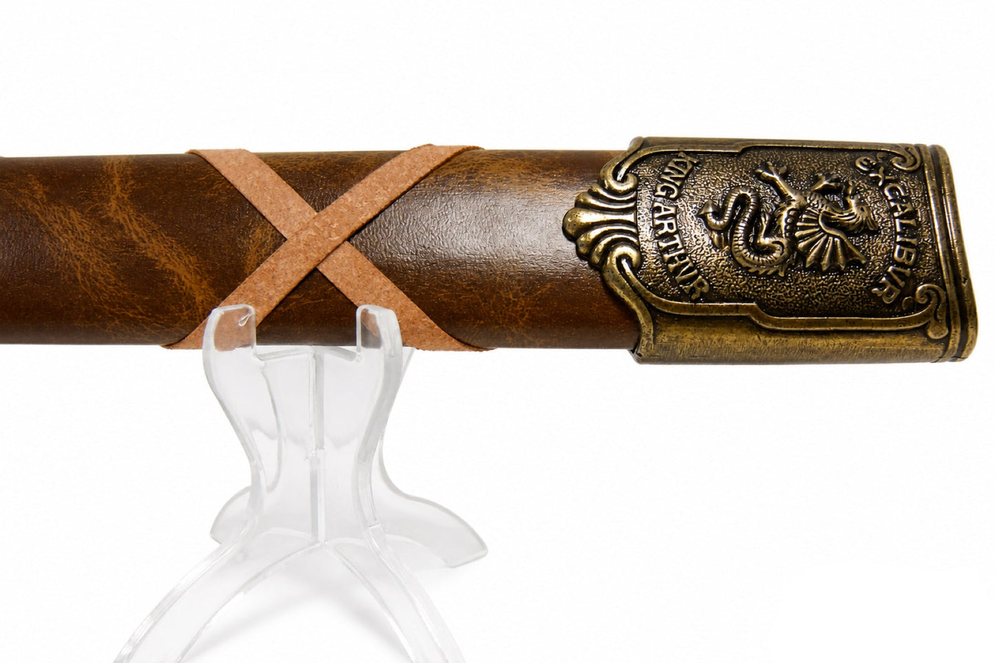 Excalibur sword scabbard throat with dragon and King Arthur inscription on white