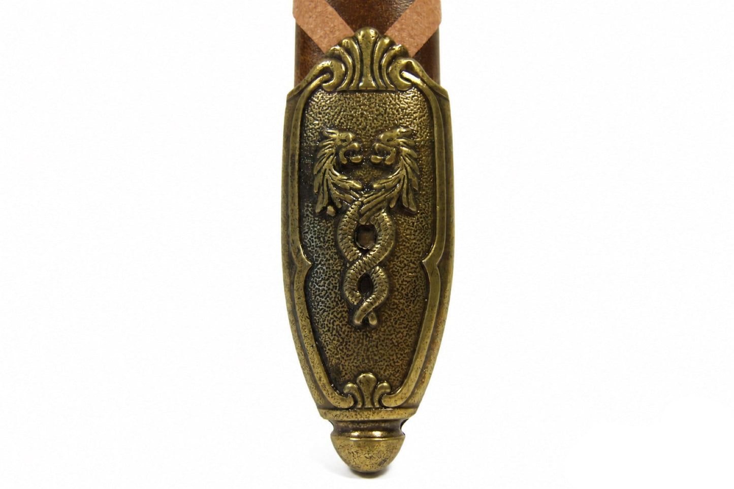 Excalibur sword scabbard fitting with intertwined twin dragons on white