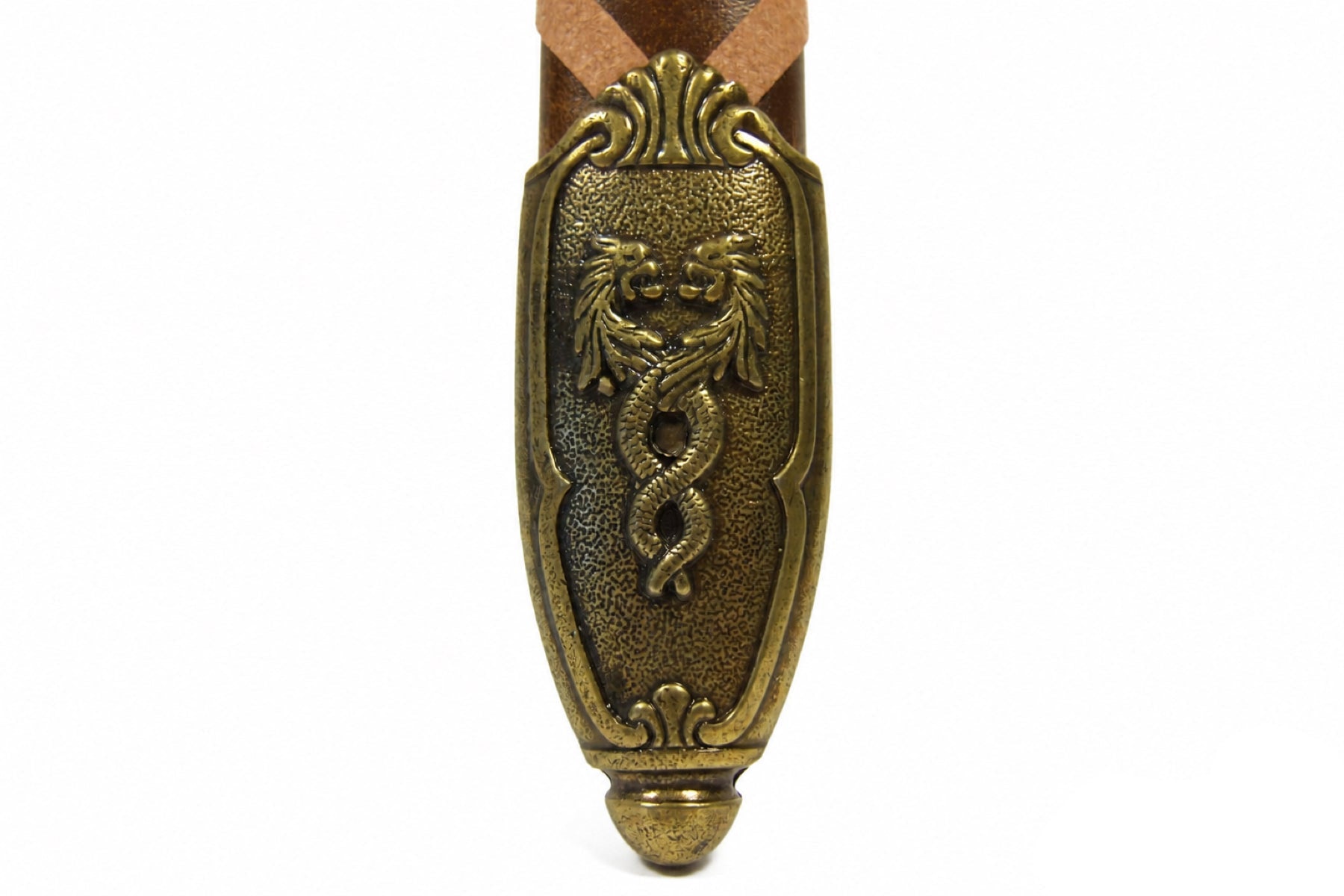 Excalibur sword scabbard fitting with intertwined twin dragons on white