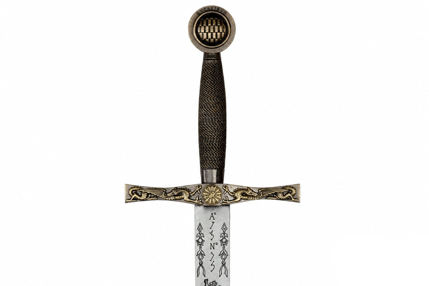 Denix Excalibur sword gold dragon crossguard and blade inscription on white