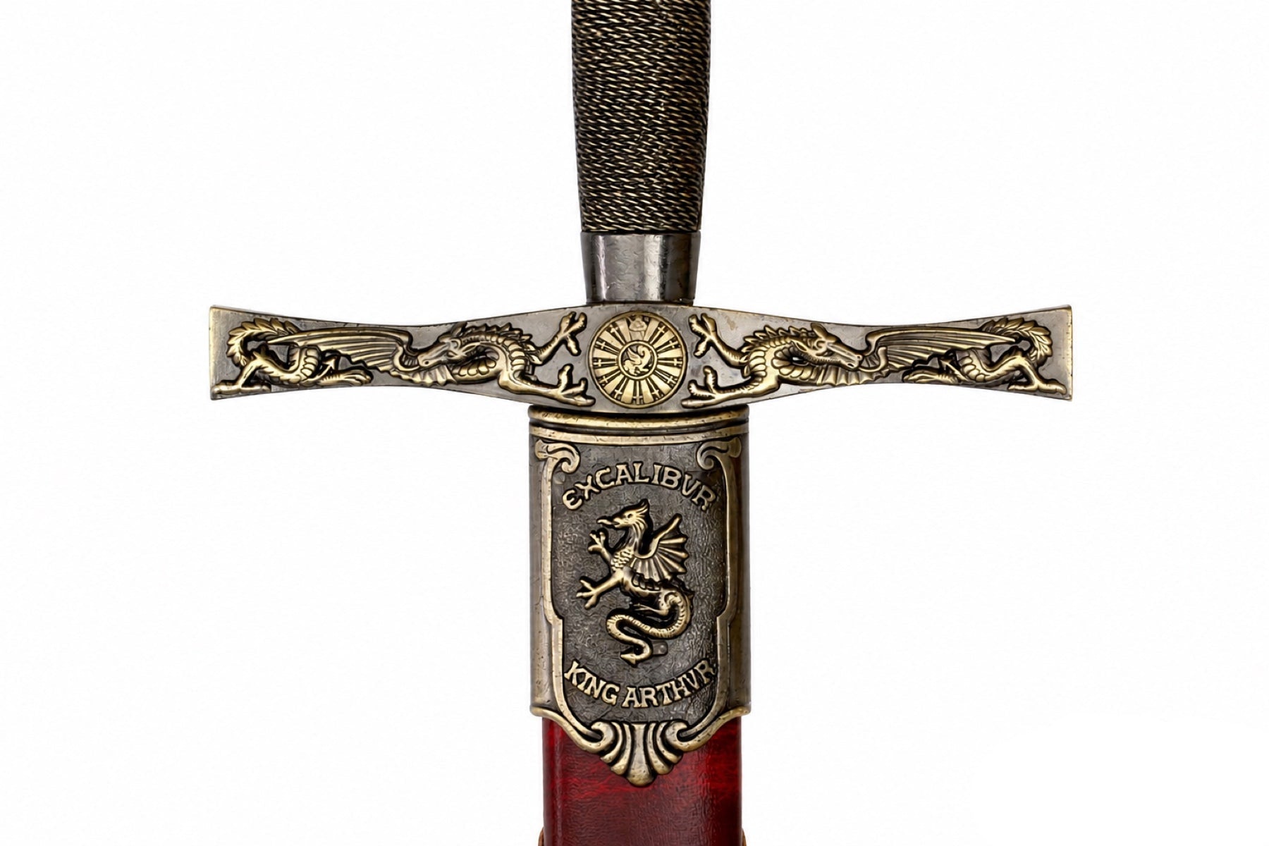 Denix Excalibur sword dragon crossguard and King Arthur emblem detail on white