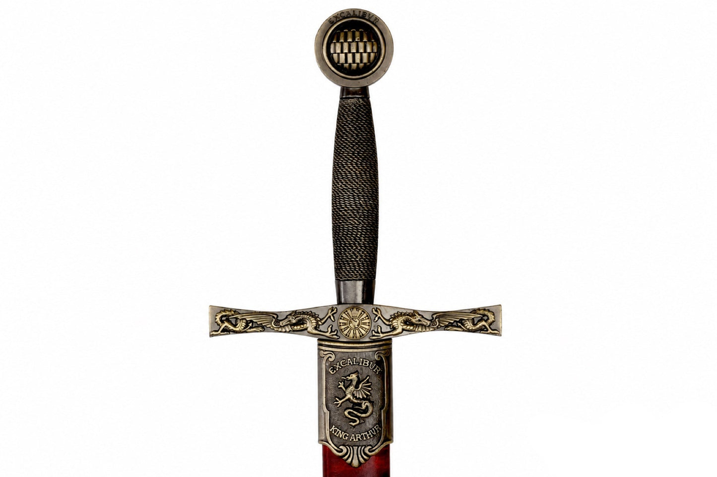 Denix Excalibur sword dragon hilt and King Arthur scabbard emblem on white