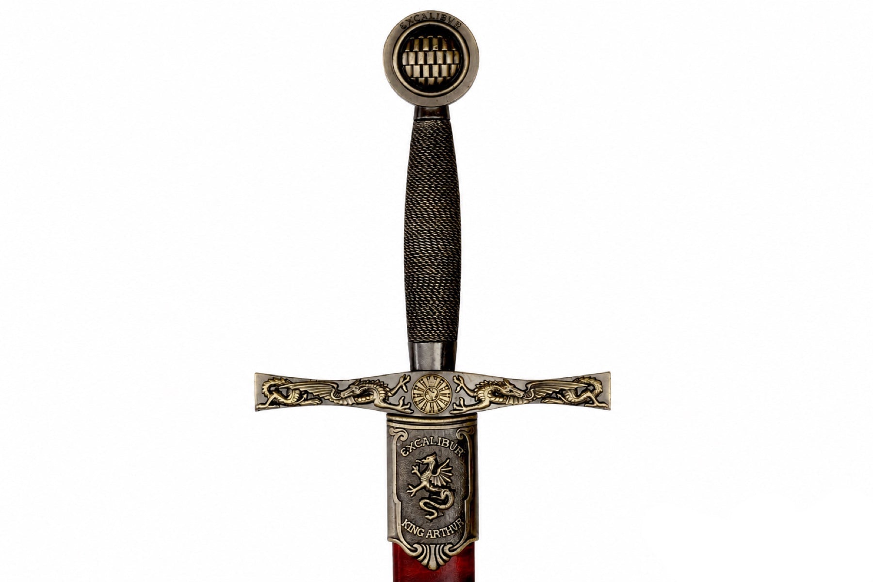 Denix Excalibur sword dragon hilt and King Arthur scabbard emblem on white
