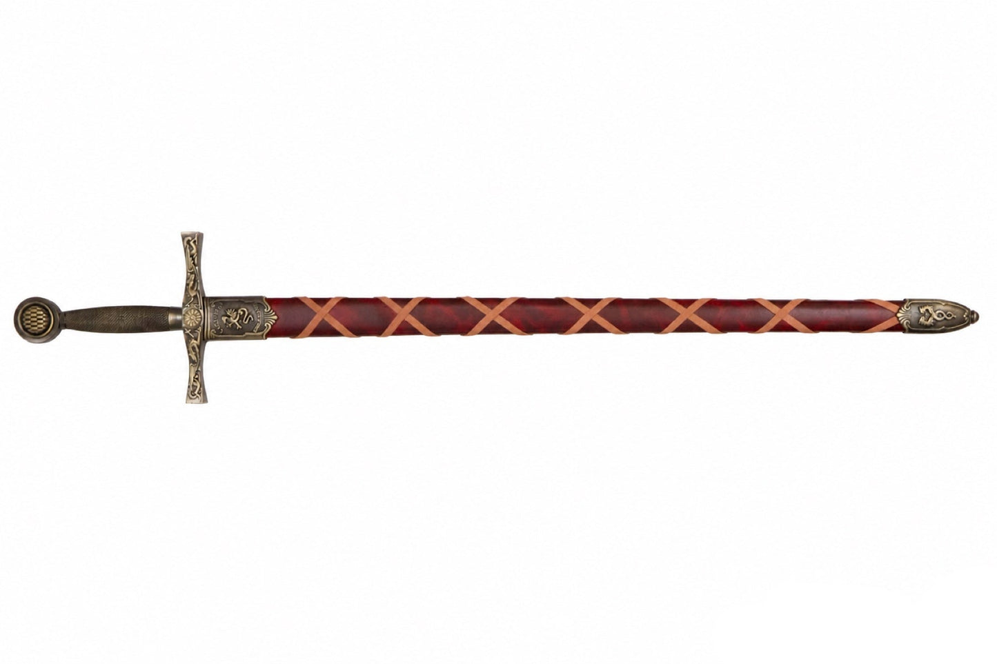 Denix gold-trim Excalibur sword replica fully sheathed on a white background