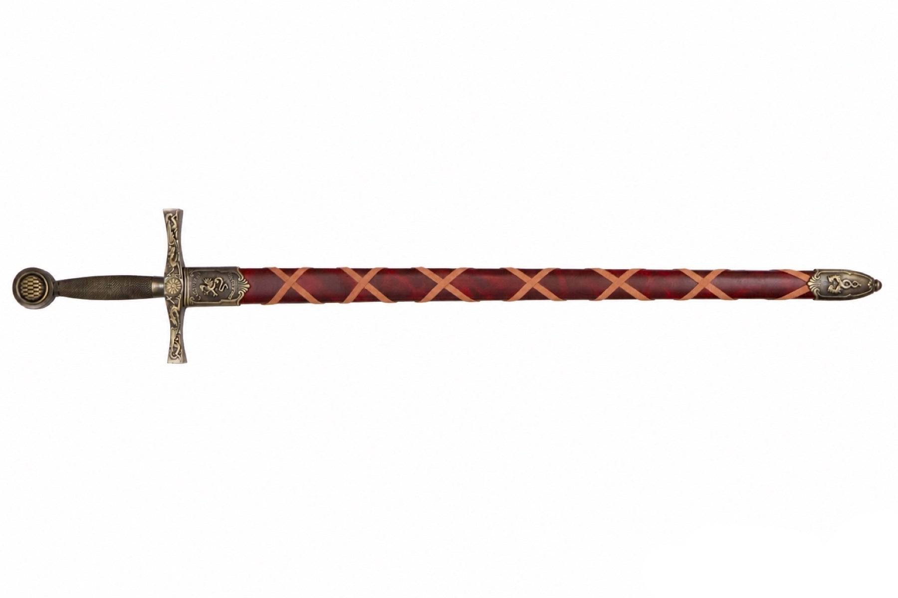 Denix gold-trim Excalibur sword replica fully sheathed on a white background