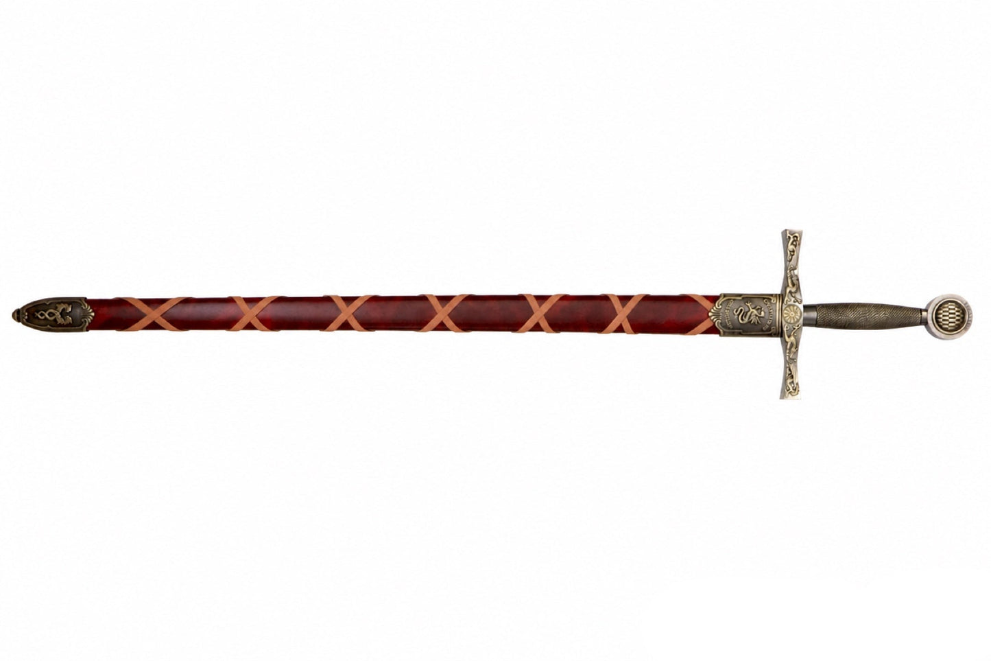 Denix Excalibur sword red scabbard reverse view on a white background