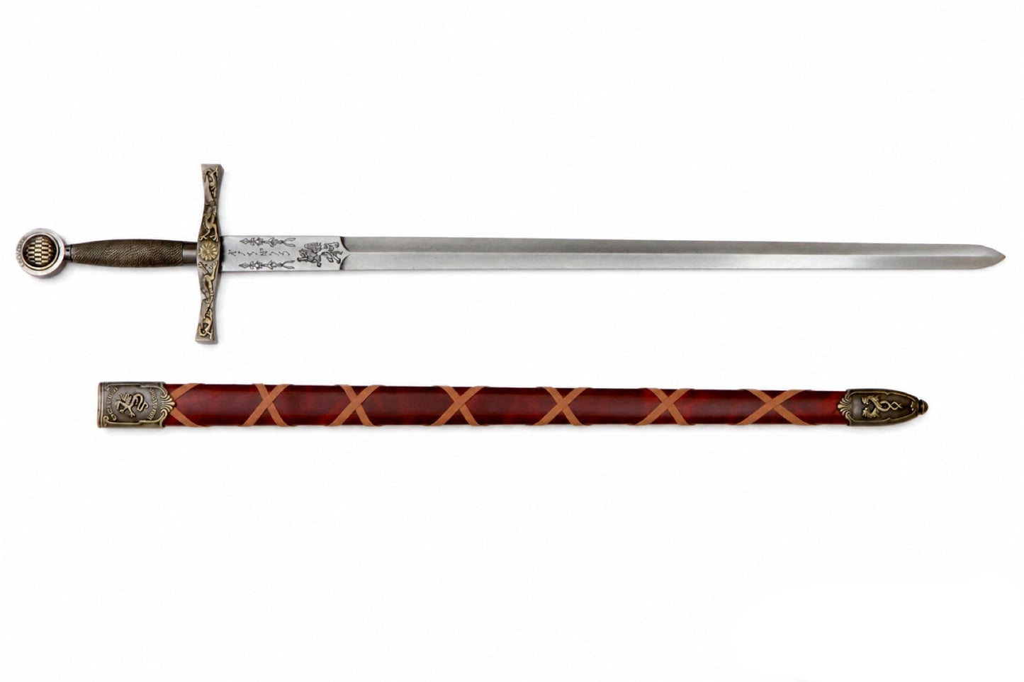 Denix Excalibur sword blade and red scabbard reverse view on white