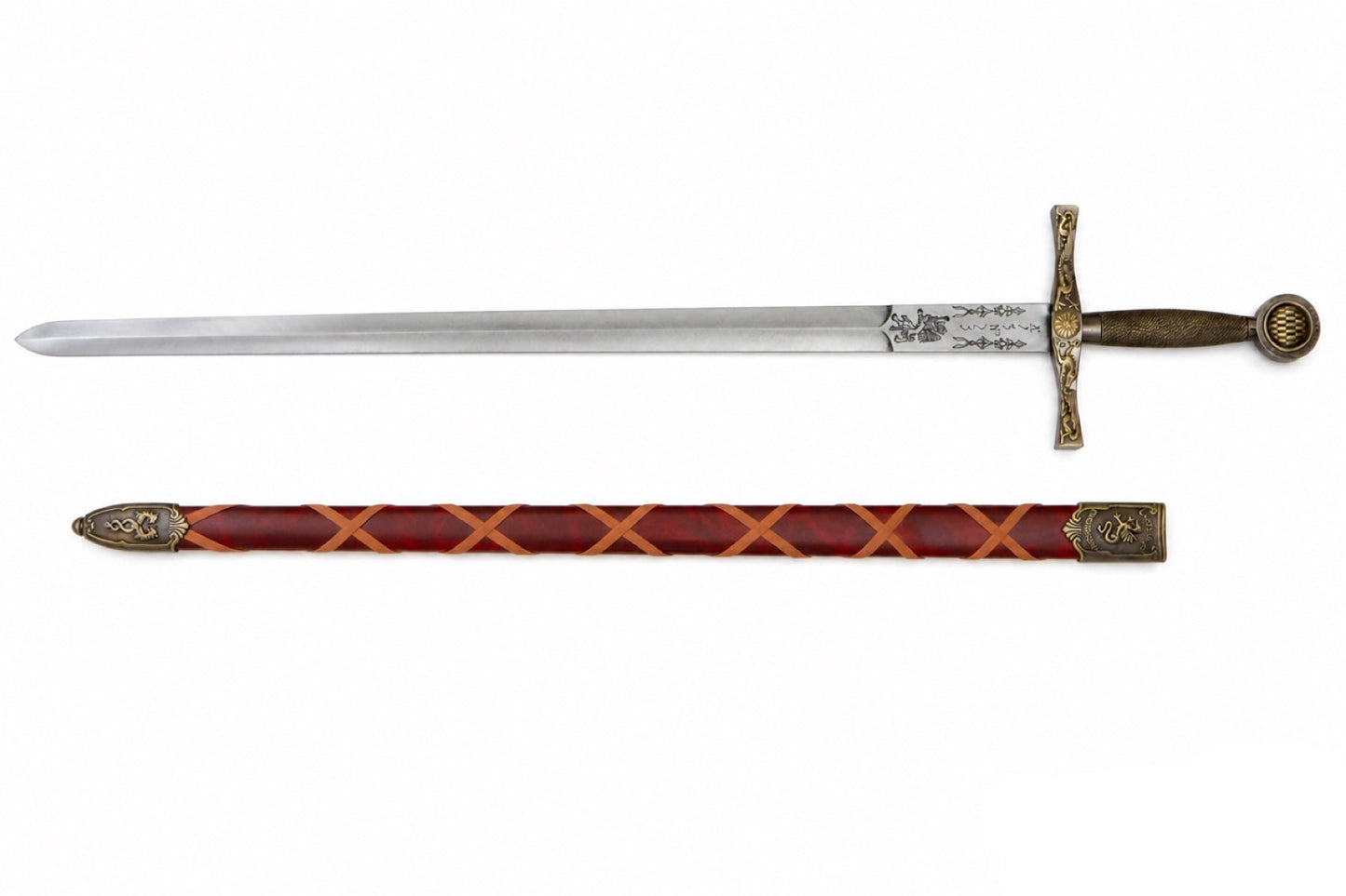 Denix gold-trim Excalibur sword and red scabbard displayed separately on white