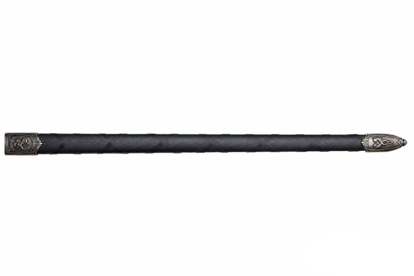 Denix Excalibur sword black scabbard with nickel fittings on a white background